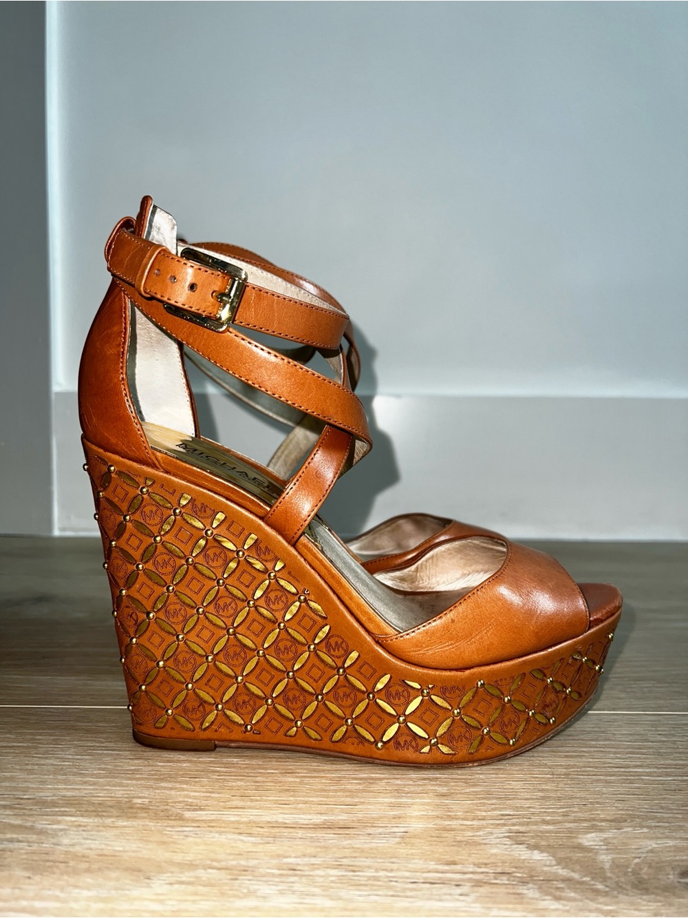 MICHAEL Michael Kors Tan Leather Gabriella Platform Wedges - Size 8